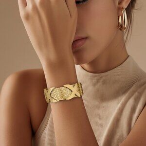 Luxury Modern Stainless Gold Plated Steel Bracelet Thick Wide Chunky Bracelet